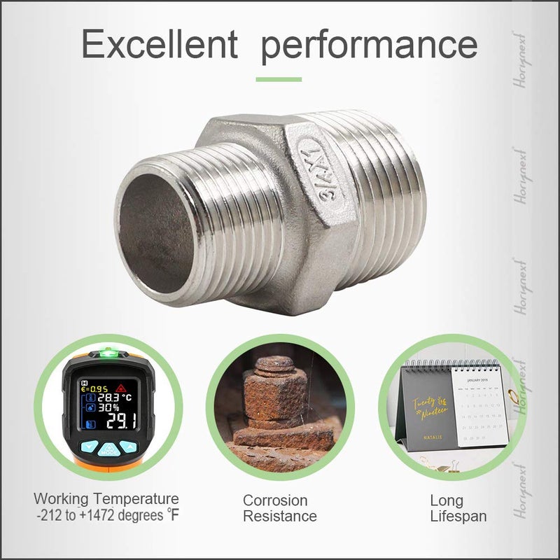 Horiznext npt 1 to 3/4 reducer male thread, stainless steel 304 1 inch to 3/4 reducer, hex reducing pipe fitting adapter water connector (Pack of 2) - Image 4